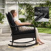 Outdoor wicker rocking chair with thick cushions and anti-tip stoppers, designed for comfort on porches and patios.