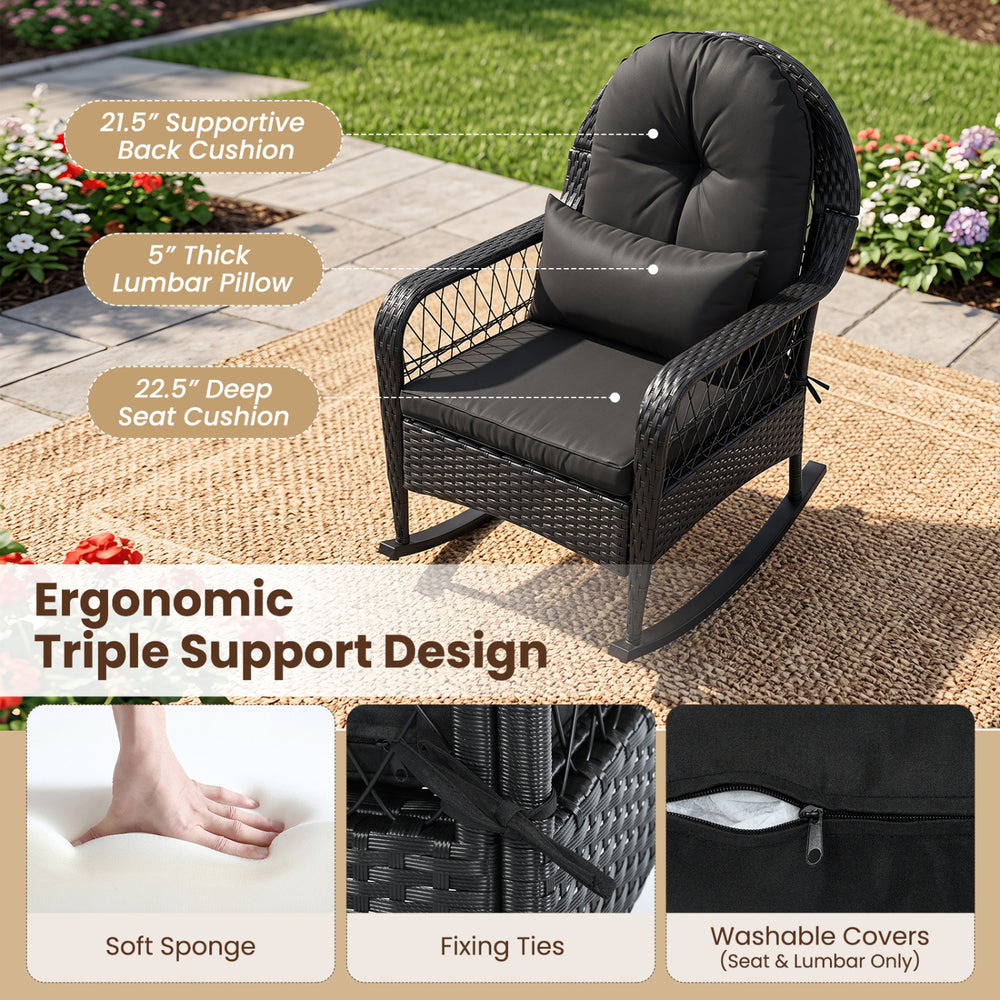 Outdoor wicker rocking chair with thick cushions and ergonomic design, perfect for porch relaxation and comfort.