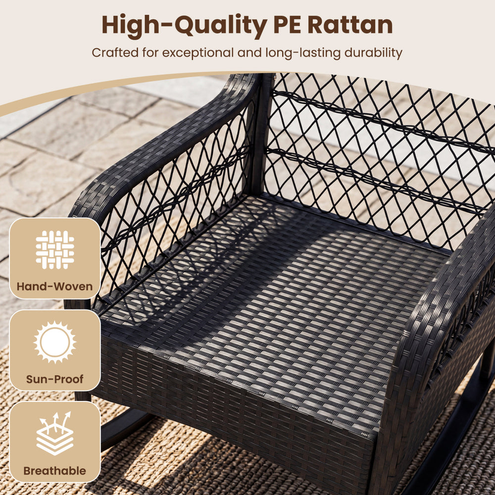Close-up of the outdoor wicker rocking chair made of high-quality PE rattan, featuring thick cushions for comfort and durability.