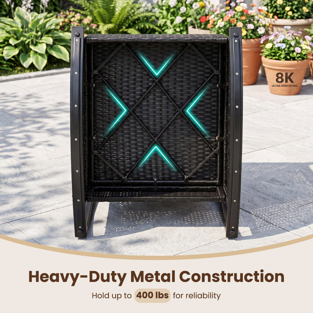 Outdoor wicker rocking chair with heavy-duty metal construction and thick cushions, designed for porch and patio use.