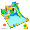 Colorful 10-in-1 inflatable bounce house with water slide, climbing wall, and splash pool for kids' outdoor fun.