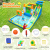 10-in-1 inflatable bounce house features a water slide, climbing wall, and basketball hoop for outdoor summer fun.