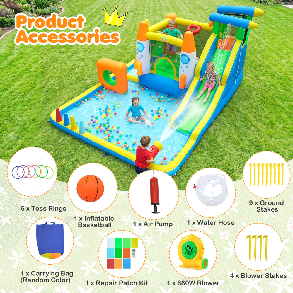 10-in-1 inflatable bounce house features a water slide, climbing wall, and basketball hoop for outdoor summer fun.