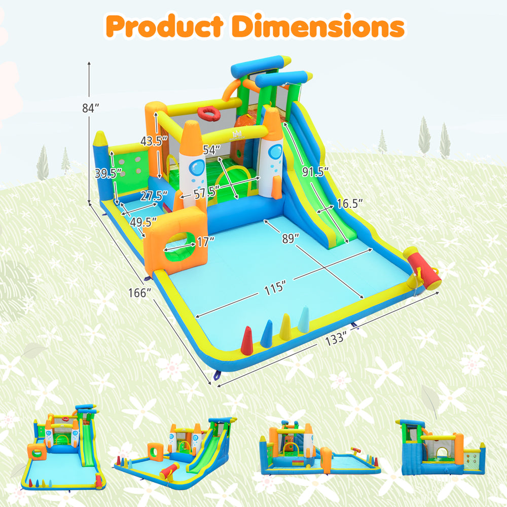 10-in-1 inflatable bounce house features a water slide, climbing wall, and splash pool for kids' outdoor fun.