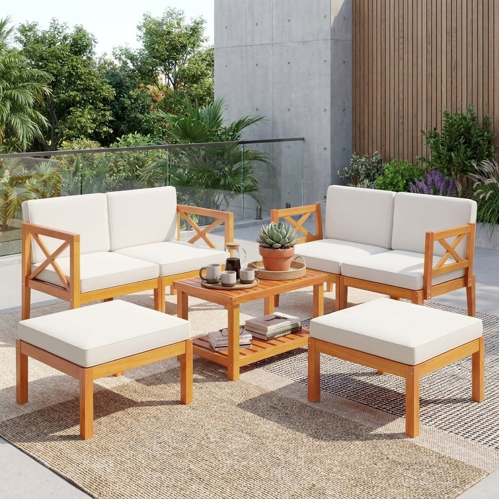 10-piece acacia wood outdoor patio furniture set with comfortable cushions, perfect for backyard and poolside seating.