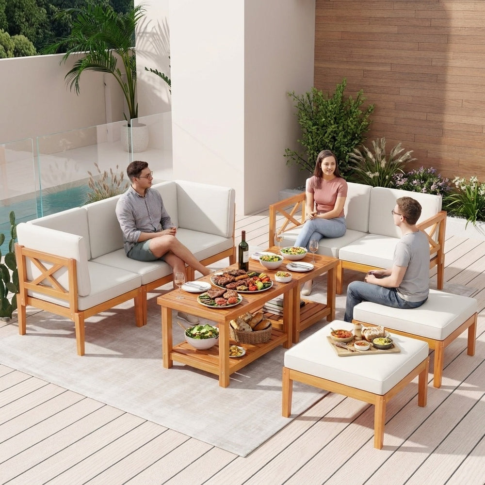 10-piece acacia wood outdoor patio furniture set with comfortable cushions, ideal for backyard gatherings and relaxation.