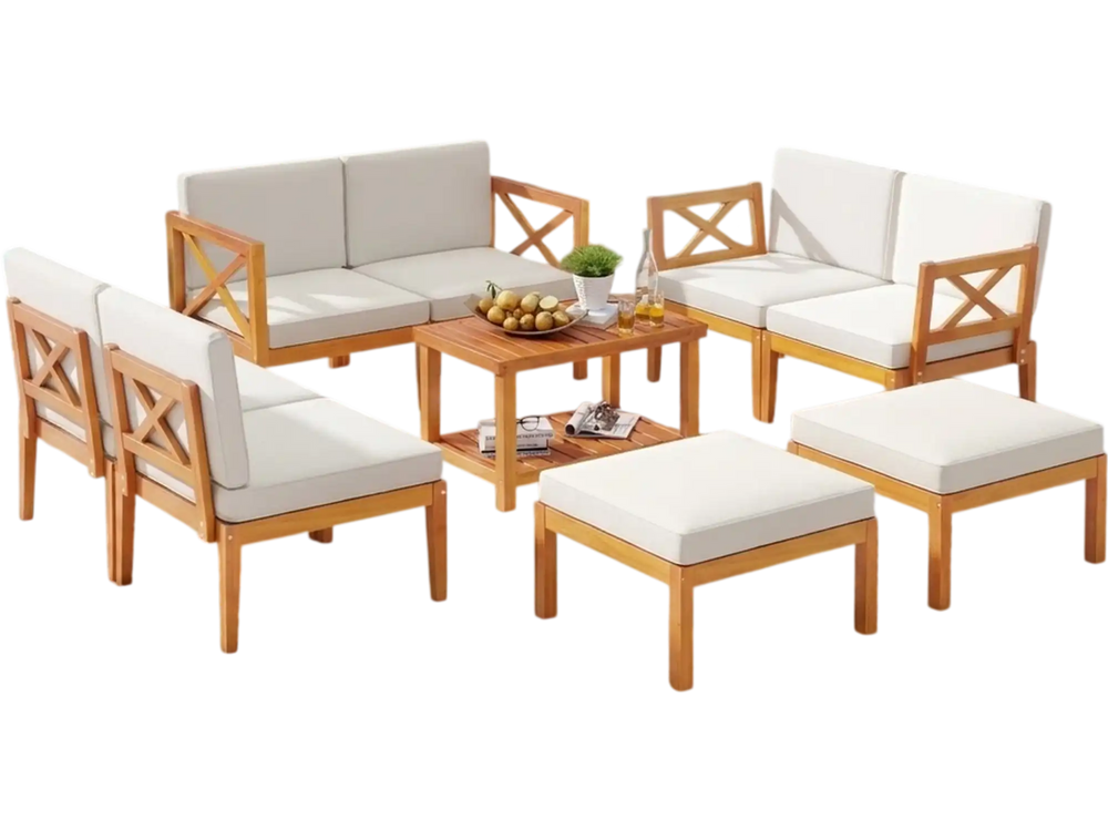 10-piece outdoor patio furniture set made of solid acacia wood with comfortable cushions, ideal for backyard gatherings.