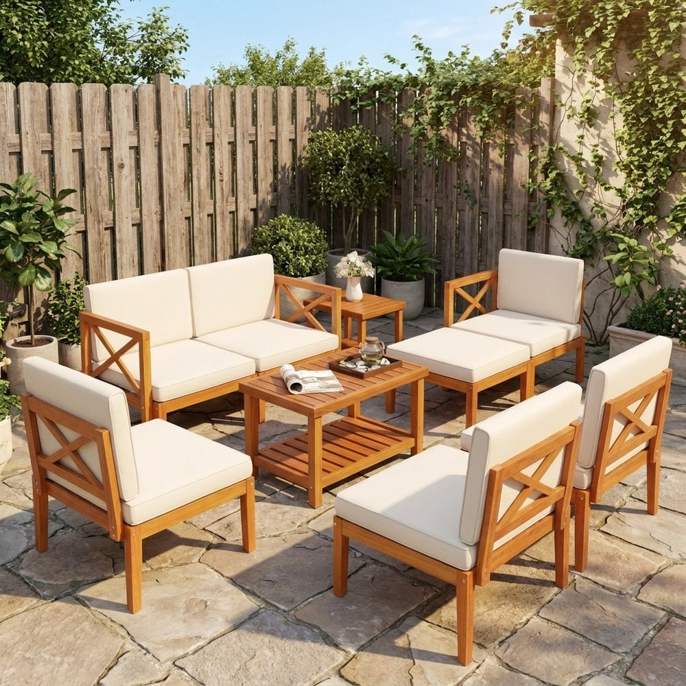 10-piece acacia wood outdoor patio furniture set with comfortable cushions, perfect for versatile seating in backyards.
