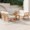 Acacia wood outdoor patio furniture set with comfortable cushions, perfect for backyard and poolside gatherings.