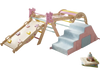 Indoor play gym featuring a climbing frame, foam blocks, and slide, designed for toddlers' active play and creativity.