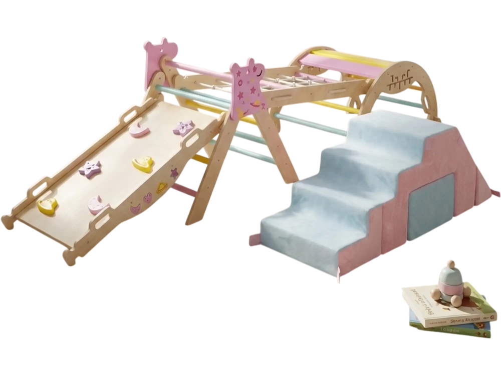 Indoor play gym featuring a climbing frame, foam blocks, and slide, designed for toddlers' active play and creativity.