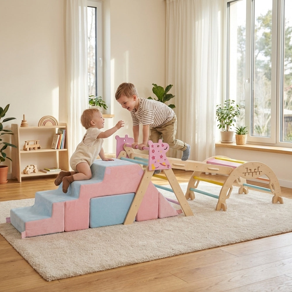 Colorful 6-piece toddler indoor play gym with climbing frame and foam blocks for imaginative and active play.