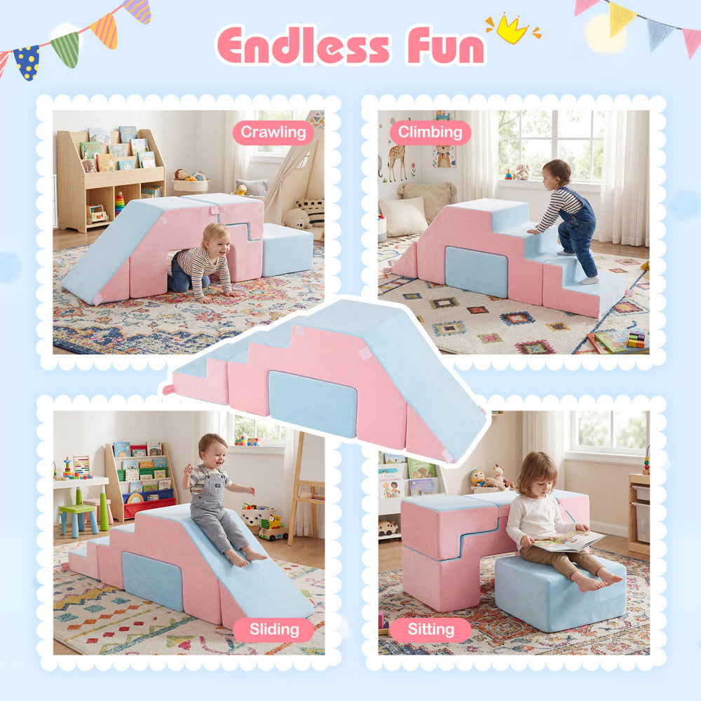 Colorful 6-piece toddler indoor play gym with climbing frame and foam blocks for crawling, sliding, and imaginative play.