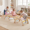 Three children play on a 6-piece toddler indoor gym with climbing frame and foam blocks, promoting active learning and creativity.