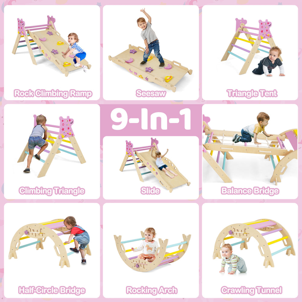Climbing triangle playset with slide and balance bridge, made of sturdy beech wood, for indoor toddler activities.