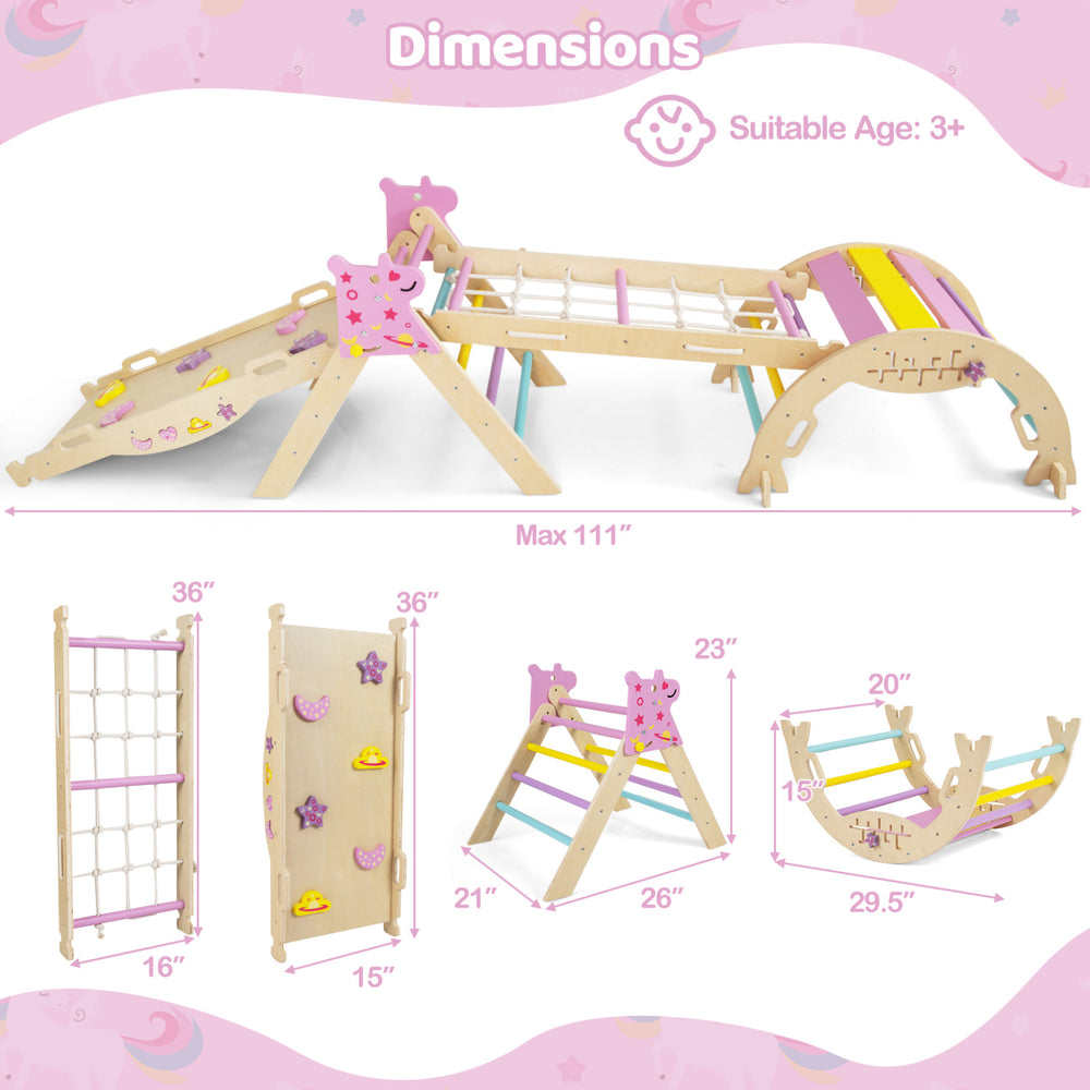 Toddler indoor play gym featuring a climbing frame, foam blocks, and multiple activities for imaginative play and coordination.