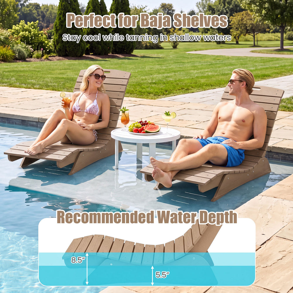 Brown fade-resistant outdoor lounger with contoured shape, ideal for baja shelves in shallow waters for comfortable tanning.