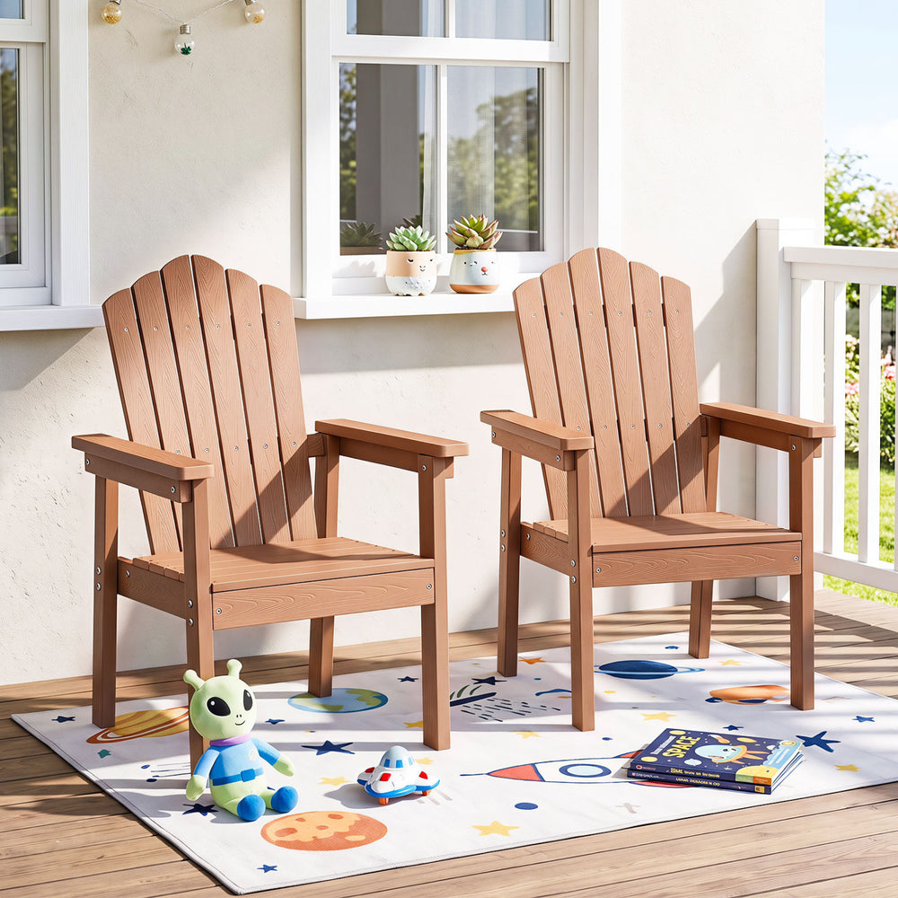 Two brown outdoor Adirondack chairs with high backrests and wide armrests, perfect for deck or poolside relaxation.