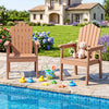 Two brown outdoor Adirondack chairs with high backrests and wide armrests, perfect for poolside relaxation and play.
