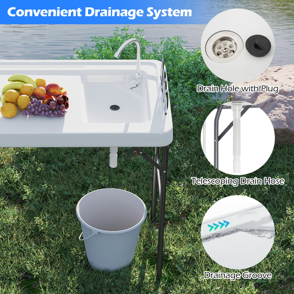 Folding fish cleaning table featuring a built-in sink, rotatable faucet, and telescoping drain hose for easy cleanup.
