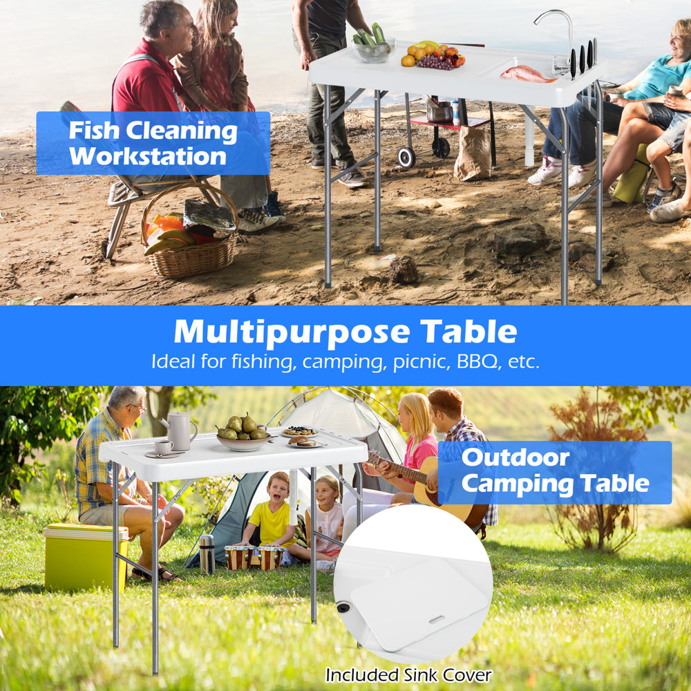 Folding fish cleaning table with built-in sink, rotatable faucet, and knife slots, perfect for fishing and camping.