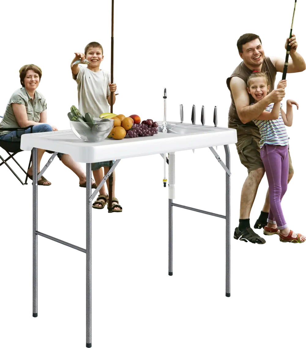 Folding fish cleaning table with a rotatable faucet, drainage hose, and knife slots, perfect for fishing and outdoor use.