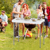 Folding fish cleaning table with built-in sink, rotatable faucet, and drainage hose, perfect for outdoor cooking and cleaning.