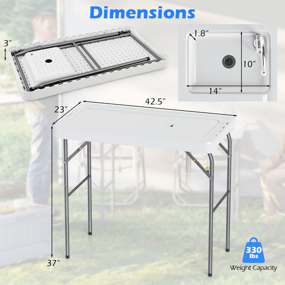 Folding fish cleaning table with built-in sink, rotatable faucet, and drainage hose, perfect for fishing and outdoor use.