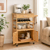 Bamboo rolling kitchen island trolley includes a towel rack, stainless steel handles, and 360° wheels for easy movement.