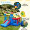 Inflatable bounce house with slide, ball pit, and basketball rim, made of durable oxford cloth for kids' outdoor fun.
