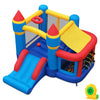 Colorful inflatable bounce house with slide, ball pit, and pitching game for kids' birthday parties and outdoor fun.