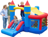 Colorful inflatable bounce house with slide, ball pit, and pitching game for kids' outdoor birthday parties.
