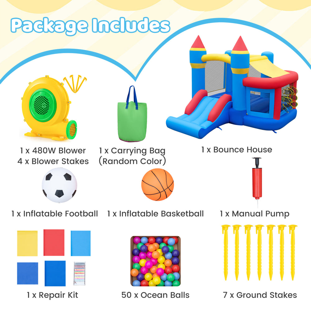 Inflatable bounce house with slide, 50 ocean balls, and games for kids, made from durable oxford cloth for outdoor fun.