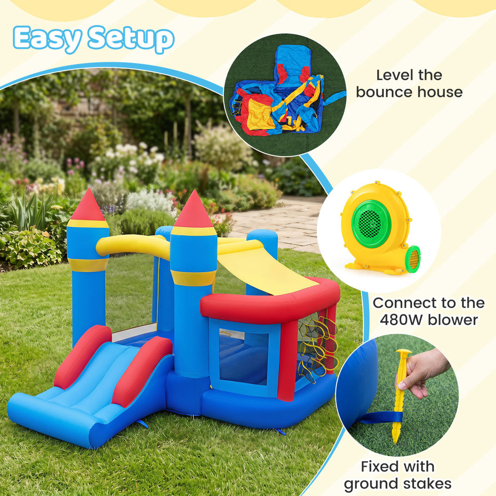 Inflatable bounce house with slide, ball pit, and pitching game, made of durable oxford cloth for outdoor fun.