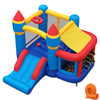 Inflatable bounce house with slide, ball pit, and games for kids, featuring durable materials and a 550W blower for easy setup.