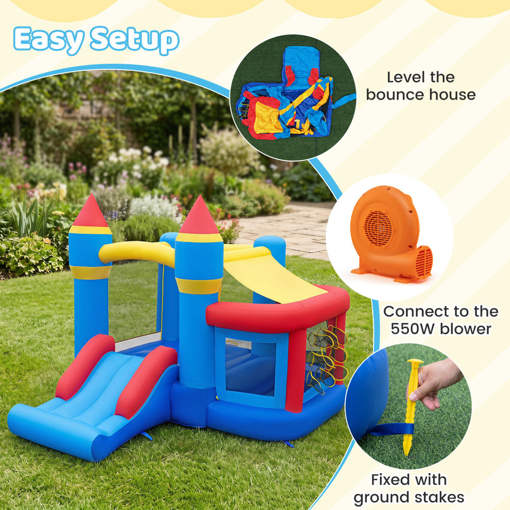 Inflatable bounce house with slide, ball pit, and 550W blower, perfect for kids' parties and outdoor fun.
