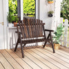 Two-person log wood patio bench with slatted backrest, perfect for deck or backyard relaxation, in a brown finish.
