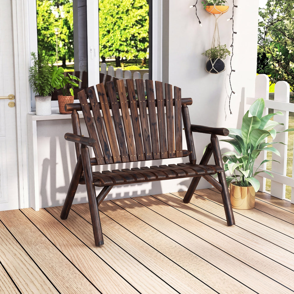Two-person log wood patio bench with slatted backrest, perfect for deck or backyard relaxation, in a brown finish.