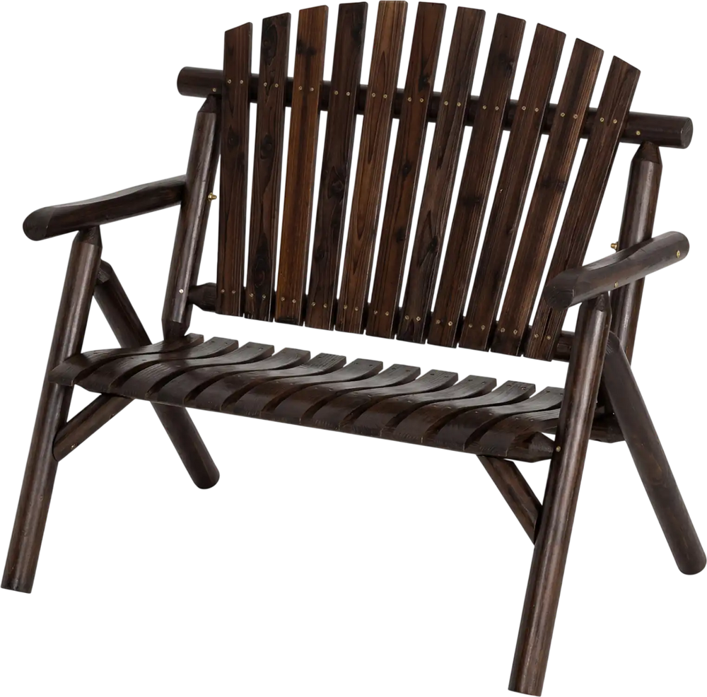 Brown 2-person log wood patio bench with slatted backrest, perfect for deck or backyard relaxation.