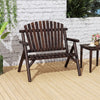 Two-person brown log wood patio bench with slatted backrest, perfect for deck or backyard relaxation.