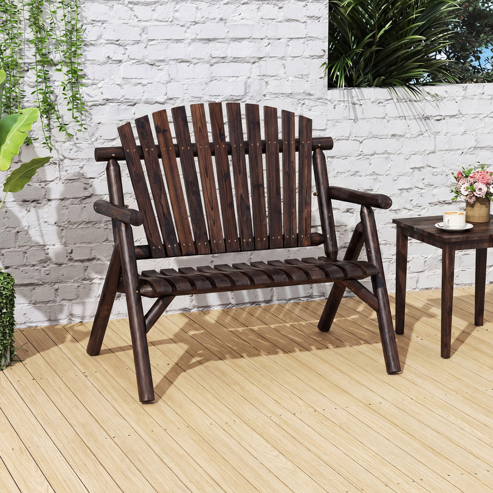 Two-person brown log wood patio bench with slatted backrest, perfect for deck or backyard relaxation.