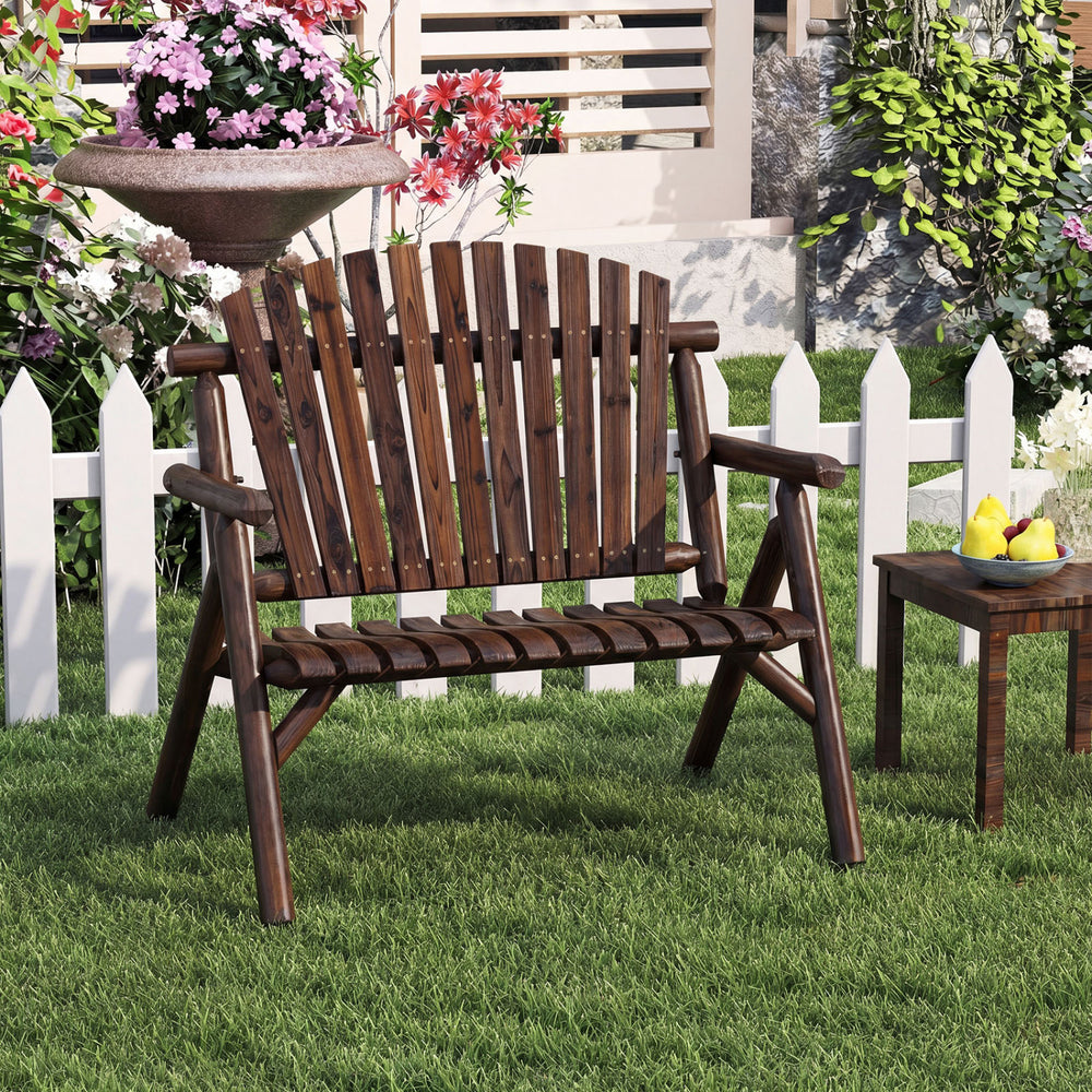 Brown 2-person log wood patio bench with slatted backrest, ideal for garden or deck relaxation and comfort.