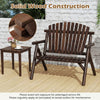 2-person log wood patio bench with slatted backrest, featuring solid wood construction, perfect for deck or backyard relaxation.