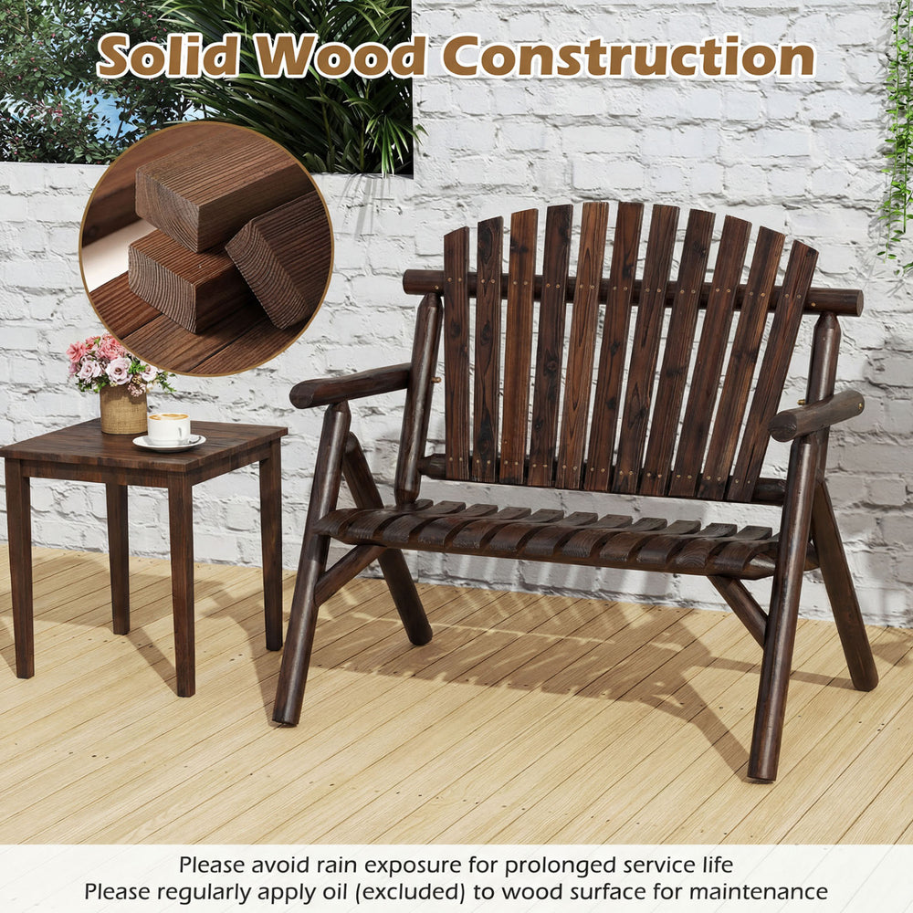 2-person log wood patio bench with slatted backrest, featuring solid wood construction, perfect for deck or backyard relaxation.