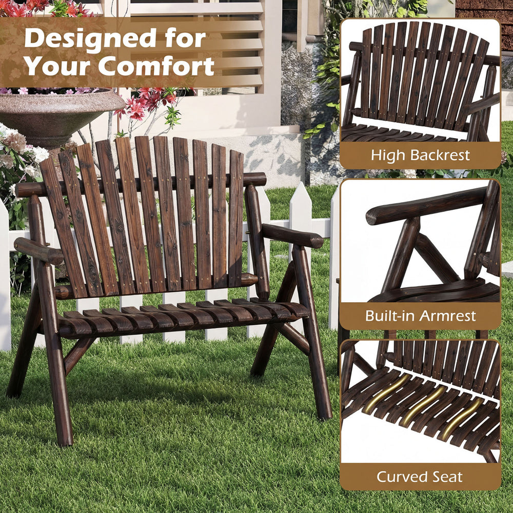 2-person log wood patio bench with slatted backrest, built-in armrests, and curved seat for comfortable outdoor seating.