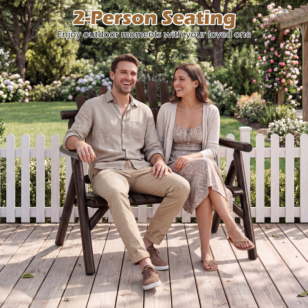 2-person log wood patio bench with slatted backrest, perfect for comfortable outdoor seating on your deck or backyard.
