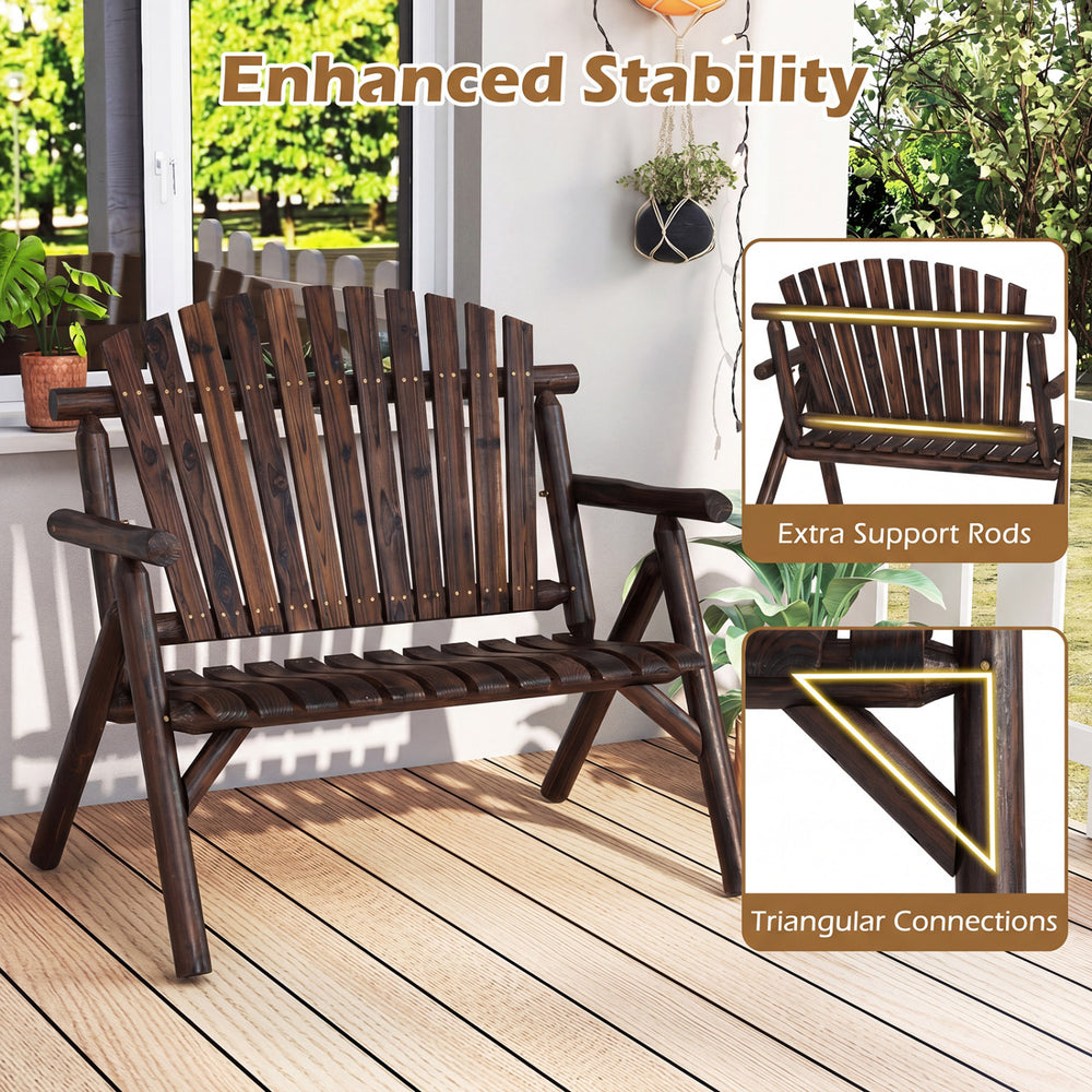 2-person log wood patio bench with slatted backrest, featuring ergonomic design and enhanced stability for outdoor relaxation.
