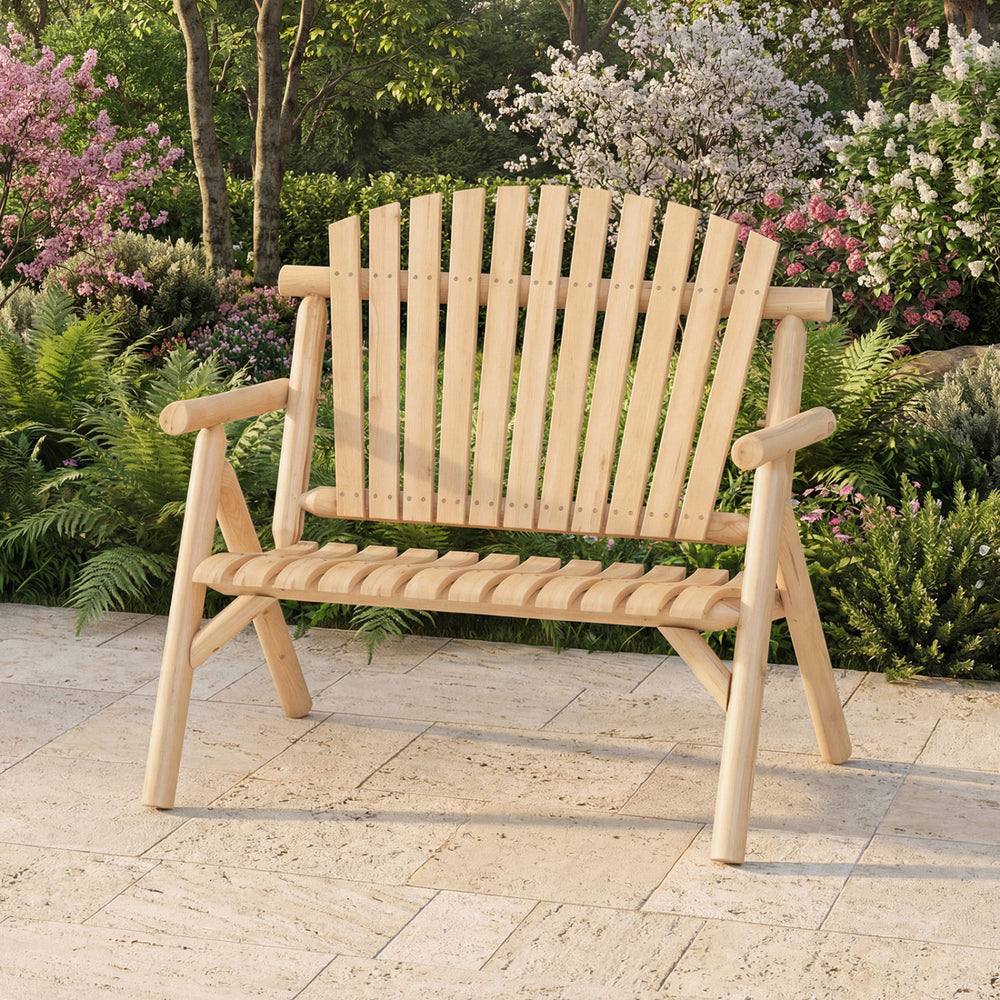 2-Person Log Wood Patio Bench with Slatted Backrest for Deck Backyard-Natural - Gallery View 1 of 10