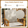 Breathable fabric seat and backrest of the acacia wood armchair provide comfort for outdoor dining in the patio or garden.