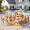 9-piece acacia wood outdoor patio dining set with an 80” rectangular table and breathable fabric armchairs for family meals.